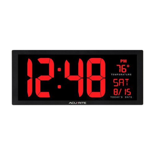 AcuRite Large Digit LED Calendar Clock With Indoor Temperature - 14.5 Inch - Red