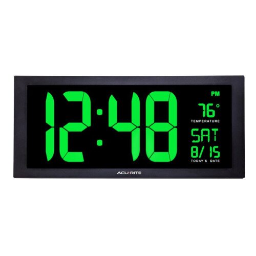 AcuRite Large Digit LED Calendar Clock With Indoor Temperature - 18 Inch - Green