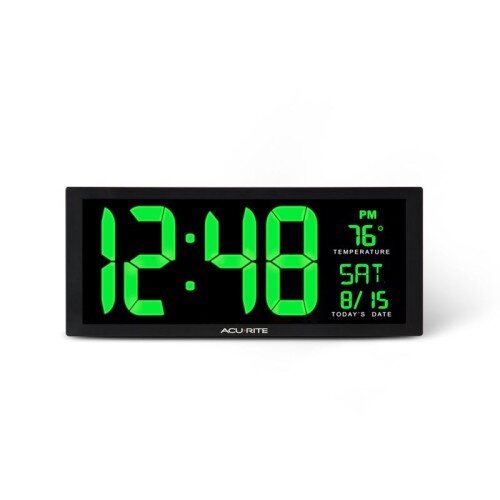 AcuRite Large Digit LED Calendar Clock With Indoor Temperature - 14.5 Inch - Green