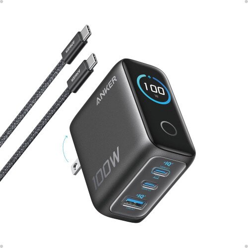 Anker Charger (100W, 3 Ports, Smart Display) - Space Black