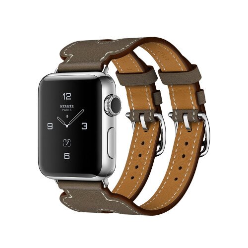 Apple Watch Hermes Series 2 Stainless Steel Case - 38mm - Etoupe Swift Leather Double Buckle Cuff