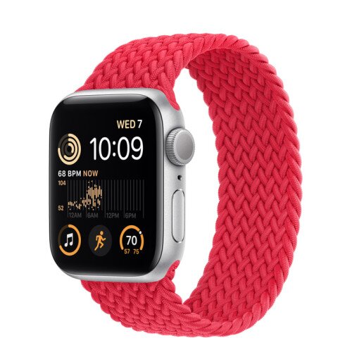 Apple Watch SE (2nd Gen) Silver Aluminum Case with Braided Solo Loop - Red - 40mm - Size-5