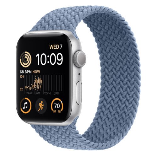 Apple Watch SE (2nd Gen) Silver Aluminum Case with Braided Solo Loop - Slate Blue - 44mm - Size-10
