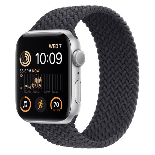 Apple Watch SE (2nd Gen) Silver Aluminum Case with Braided Solo Loop - Midnight - 44mm - Size-8