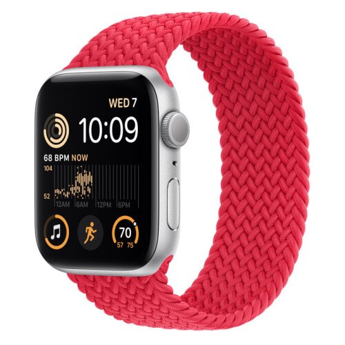 Apple Watch SE (2nd Gen) Silver Aluminum Case with Braided Solo Loop - Red - 44mm - Size-11