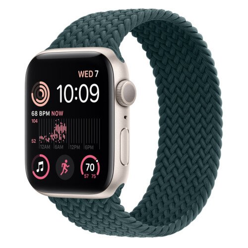 Apple Watch SE (2nd Gen) Starlight Aluminum Case with Braided Solo Loop - Rainforest - 44mm - Size-2
