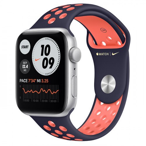 Apple Watch SE Silver Aluminum Case with Nike Sport Band - 44mm - Blue Black/Bright Mango
