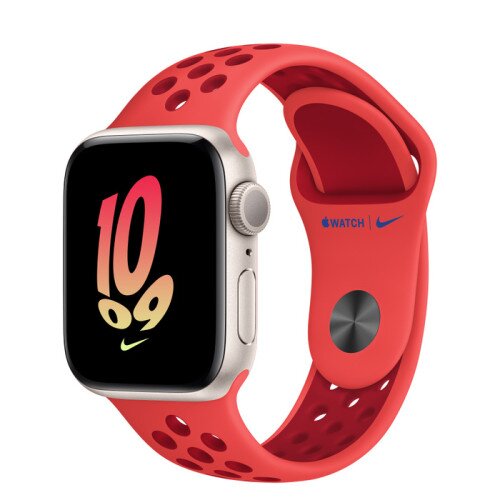 Apple Watch SE (2nd Gen) Starlight Aluminum Case with Nike Sport Band - Bright Crimson/Gym Red - 40mm - S/M