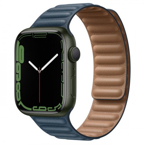 Apple Watch Series 7 Green Aluminum Case with Leather Link - Baltic Blue - 45mm - S/M