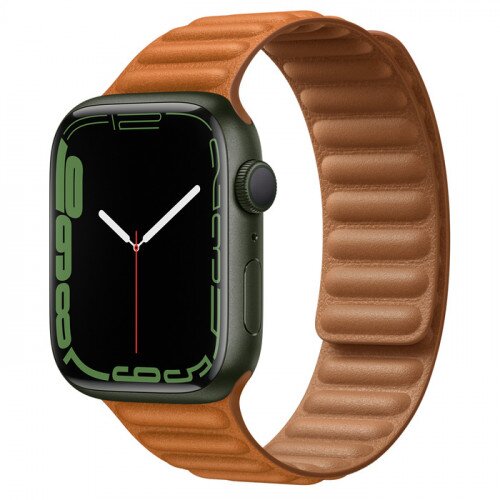 Apple Watch Series 7 Green Aluminum Case with Leather Link - Golden Brown - 45mm - S/M