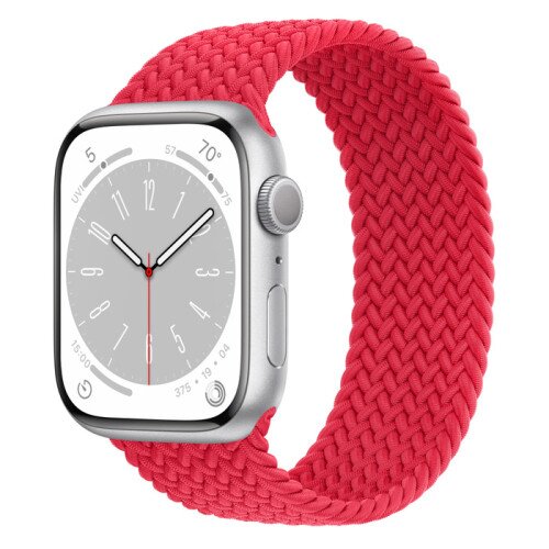Apple Watch Series 8 - 45mm Silver Aluminum Case with Product Red Braided Solo Loop - Size-10