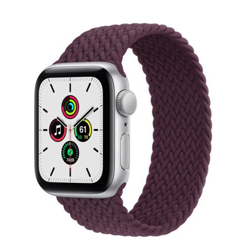 Apple Watch Series SE Silver Aluminum Case with Braided Solo Loop - Dark Cherry - 40mm - 6