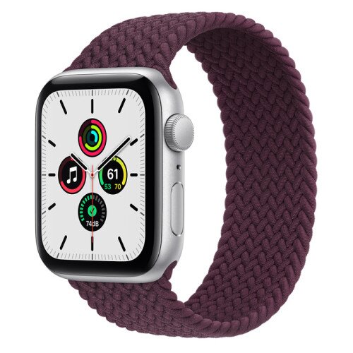 Apple Watch Series SE Silver Aluminum Case with Braided Solo Loop - Dark Cherry - 44mm - 11
