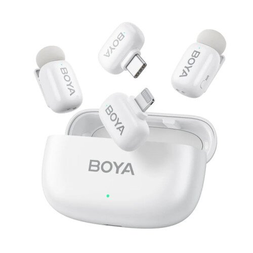 BOYA Mini Ultracompact 2.4GHz Wireless Microphone System - (Type-C+Lightning) RX +2 TX + Charging Case - White