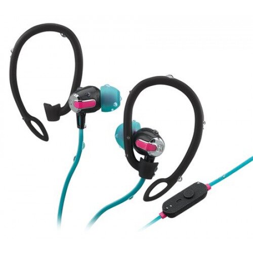 iHome iB21 Water-Resistant Sport Earbuds with Removable Earhooks, In-Line Mic+Remote, and Pouch - Pink