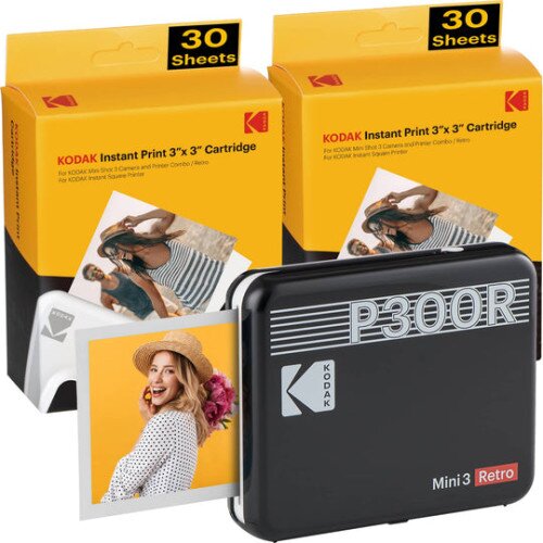 Kodak Mini 3 Retro Portable Photo Printer (P300R) - Paper 60-Pack Bundle - Black