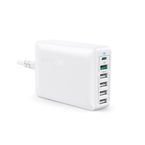 RAVPower 60W 6-Port Desktop USB Charging Station with 30W Power Delivery - White