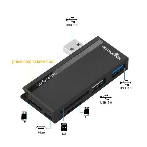 Rocketek USB 3.0 Hub Card Reader Combo Adapter for Microsoft Surface Pro 3(12.3")/Pro 4/Pro