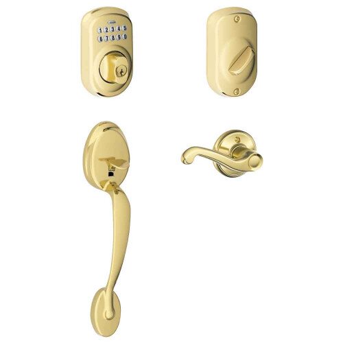Schlage Keypad Deadbolt with Plymouth Trim Paired with Plymouth Trim Handleset and Flair Lever - Left Hand - Bright Brass