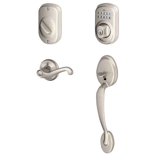 Schlage Keypad Deadbolt with Plymouth Trim Paired with Plymouth Trim Handleset and Flair Lever - Right Hand - Satin Nickel
