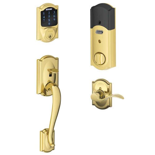 Schlage Connect Touchscreen Deadbolt with Camelot Trim Paired with Camelot Handleset and Accent Lever with Camelot Trim - Right Hand - Bright Brass