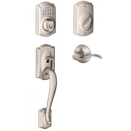 Schlage Camelot Trim Keypad Deadbolt Paired with Camelot Trim Front Entry Handle and Accent Lever - Right Hand - Satin Nickel