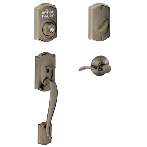 Schlage Camelot Trim Keypad Deadbolt Paired with Camelot Trim Front Entry Handle and Accent Lever - Left Hand - Antique Pewter