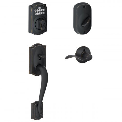 Schlage Camelot Trim Keypad Deadbolt Paired with Camelot Trim Front Entry Handle and Accent Lever - Left Hand - Aged Bronze