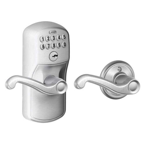 Schlage Keypad Lever with Plymouth Trim and Flair Lever with Auto Lock - Satin Chrome