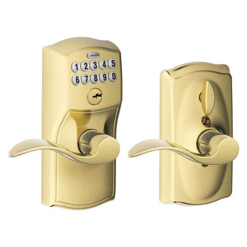 Schlage Keypad Lever with Camelot Trim and Accent Lever with Flex Lock - Bright Brass