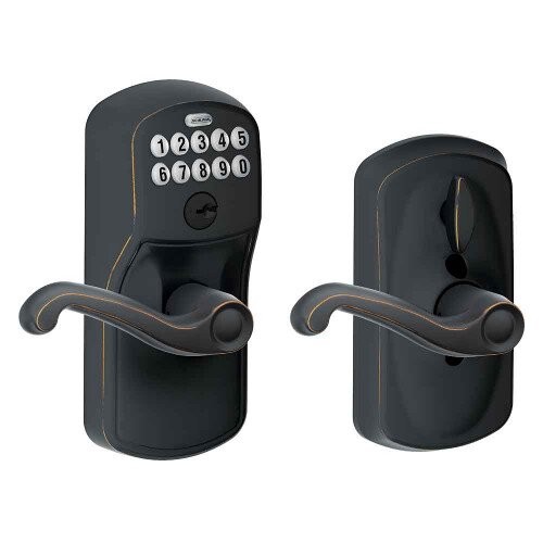 Schlage Keypad Lever with Plymouth Trim and Flair Lever with Flex Lock - Aged Bronze