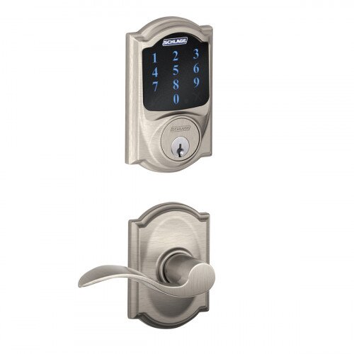 Schlage Connect Touchscreen Deadbolt with Alarm with Camelot Trim Paired with Accent Lever with Camelot Trim - Satin Nickel