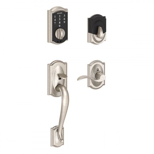 Schlage Touch Keyless Touchscreen Deadbolt with Camelot Trim Paired with Camelot Handleset and Accent Lever with Camelot Trim - Left Hand - Satin Nickel