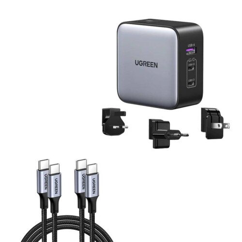 Ugreen Nexode 65W 3-Port Travel Charger with US/UK/EU Plug + 3.3FT 100W USB C Cable 2 Pack