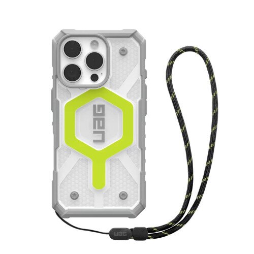 Urban Armor Gear Pathfinder Clear MagSafe Active Neon Case + Black Neon Lanyard for iPhone 16 Pro